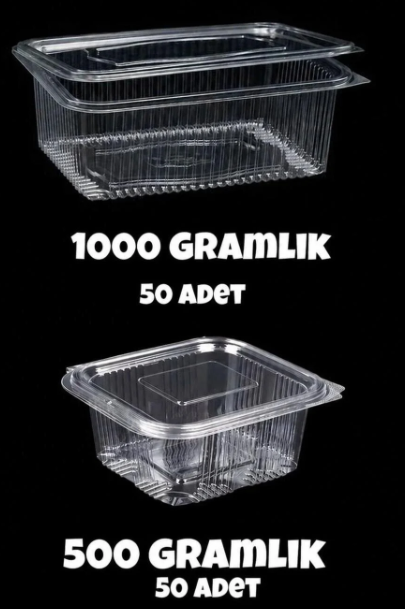 Plastik Sızdırmaz Kap 500 gr - 1000 gr Kullan At Tek Kullanımlık Kapaklı Kase 50 Adet 2 li Set